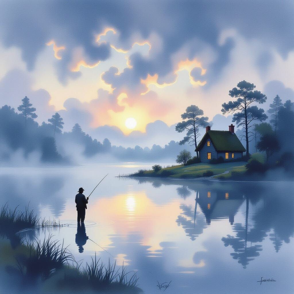 Fisherman in Misty Lake at Dawn Watercolor