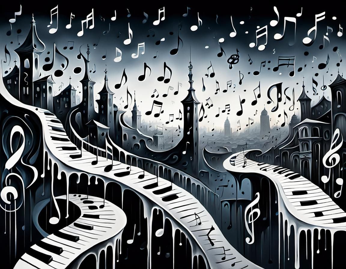 Surreal Musical Cityscape in Oil Painting Style