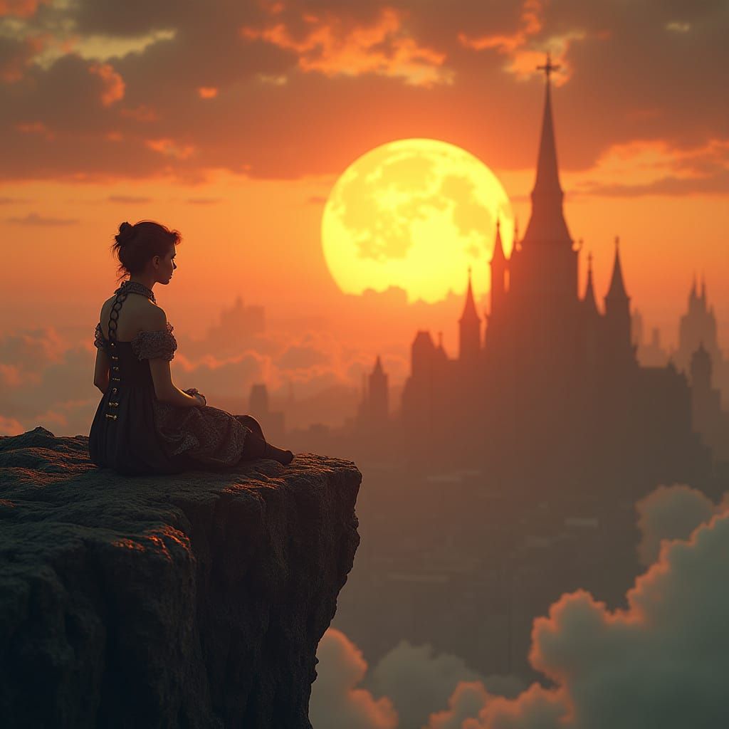 Mystical Figure Contemplates Neo-Gothic Cityscape at Sunset