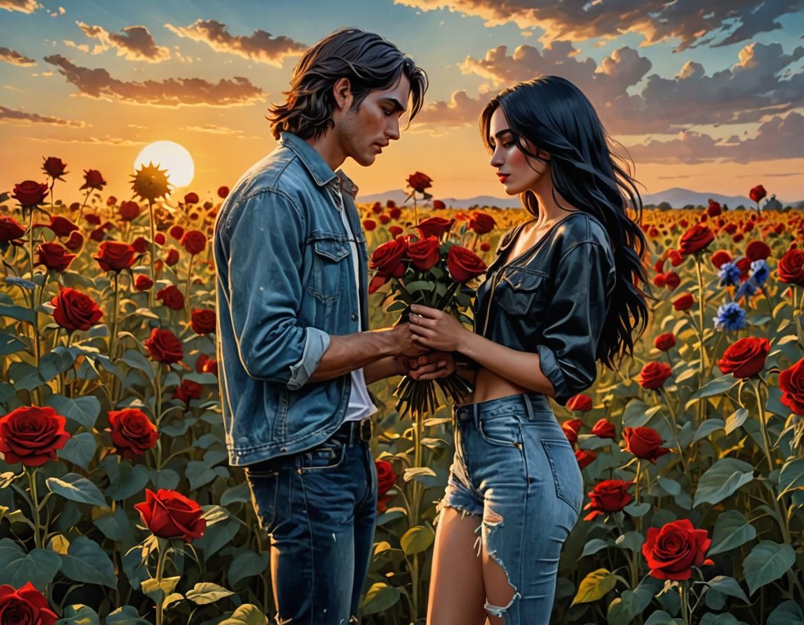 Romantic Sunflower Field Encounter at Sunset