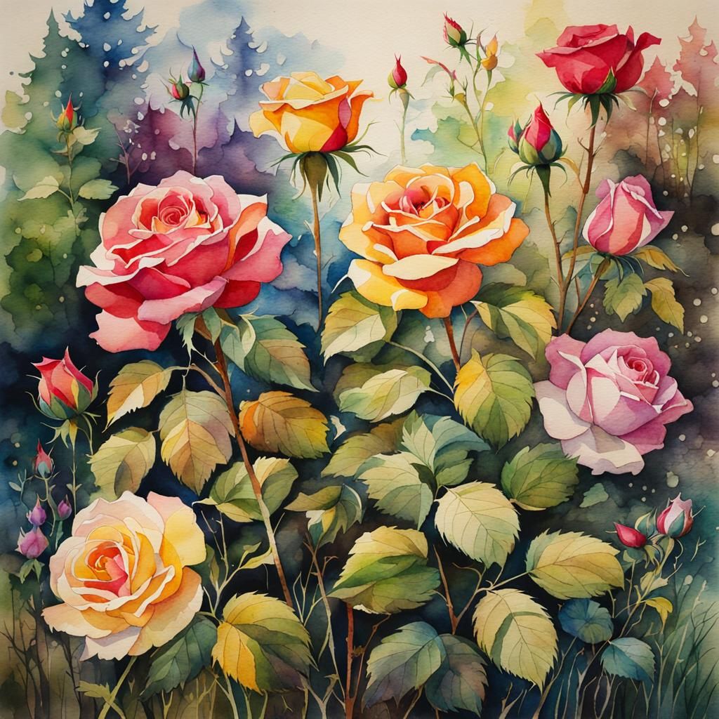 Watercolor Roses Bloom Wildly in Forest Field