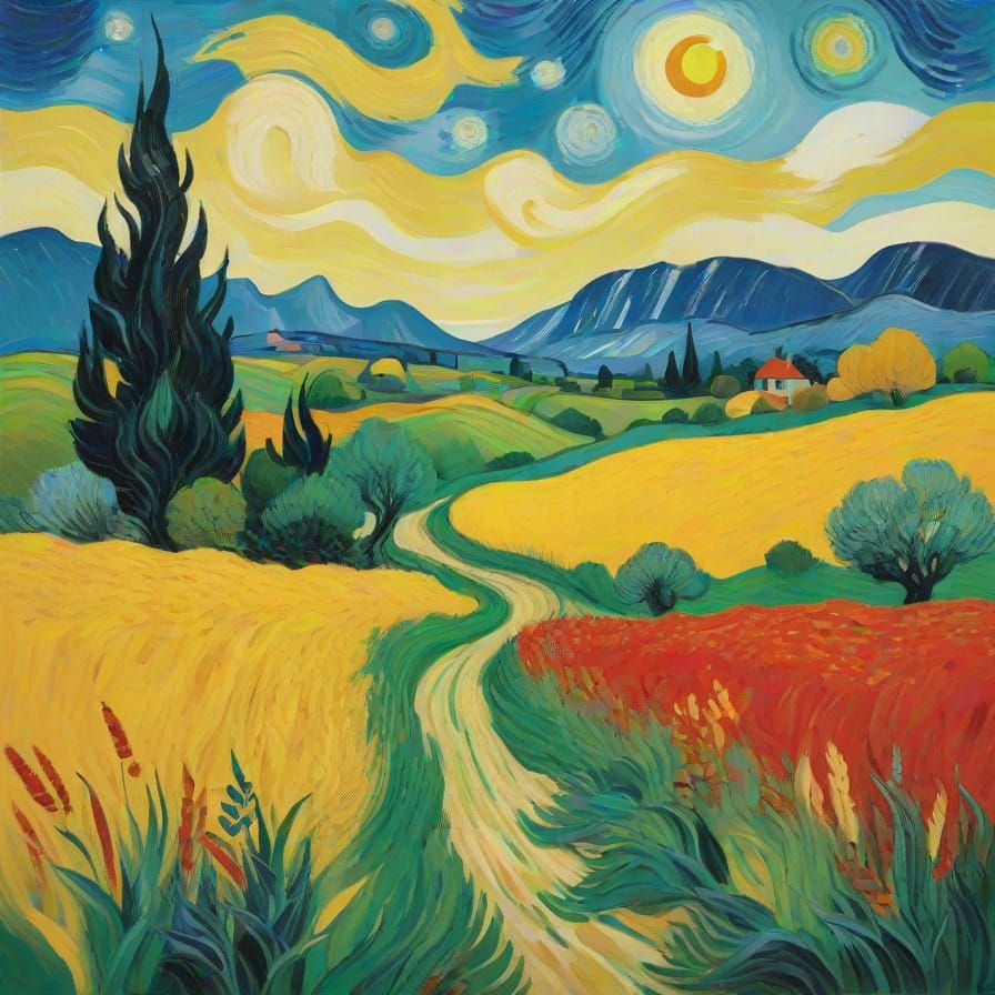 Swirling Post-Impressionist Landscape in Vibrant Colors