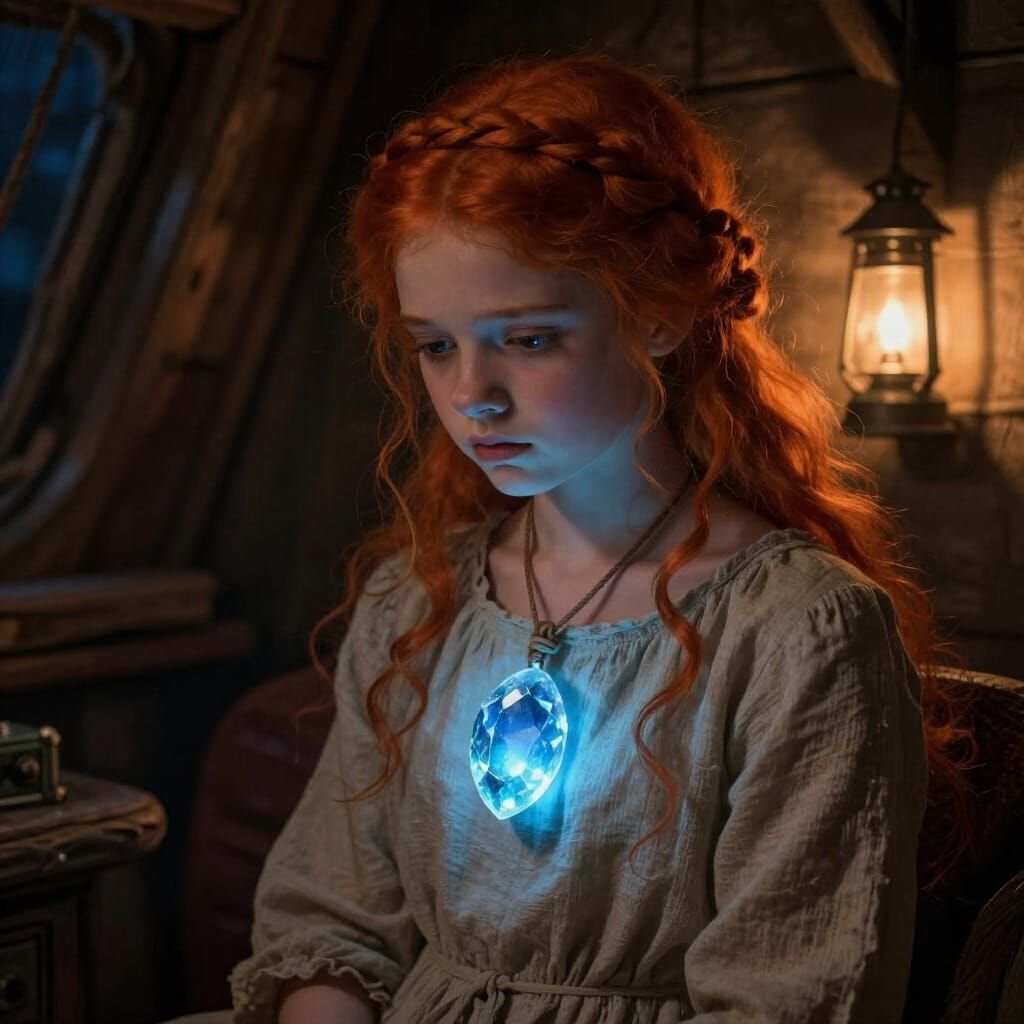 Girl with Fiery Crown Braid and Glowing Blue Crystal
