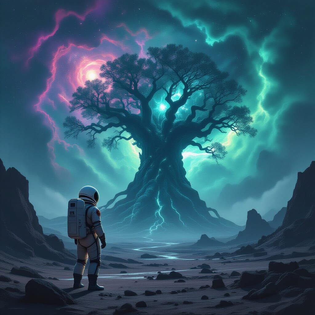 Astronaut Gazes at Cosmic Tree on Alien Planet