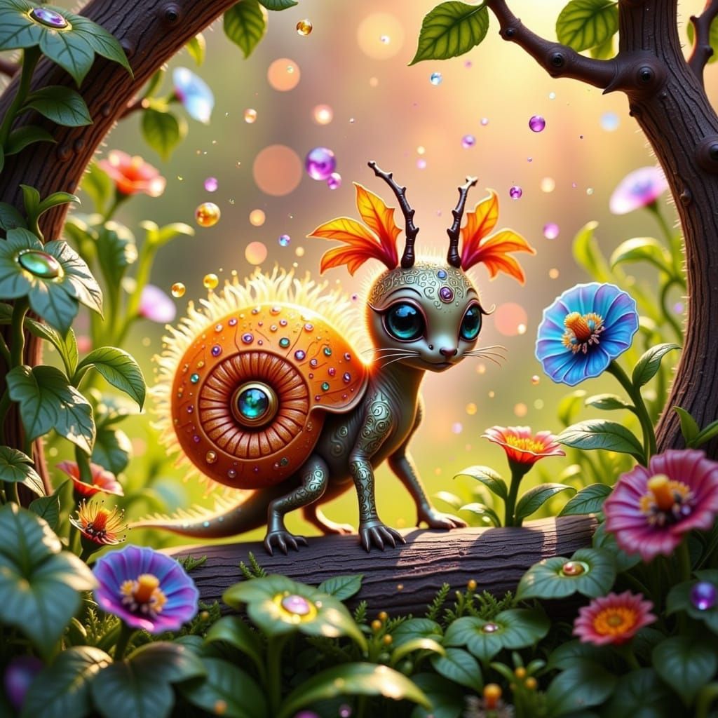 Whimsical Snail-Cheetah Hybrid in Lush Greenery