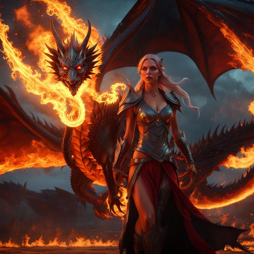 Dragon Girl Flying in a Dramatic Fire Scene