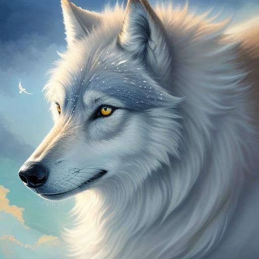 Ethereal Wolf Portrait with Star, Digital Painting