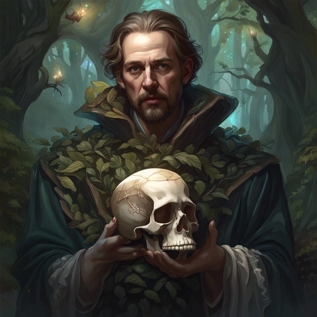Shakespeare Portrait in Enchanted Forest, Art Nouveau Style
