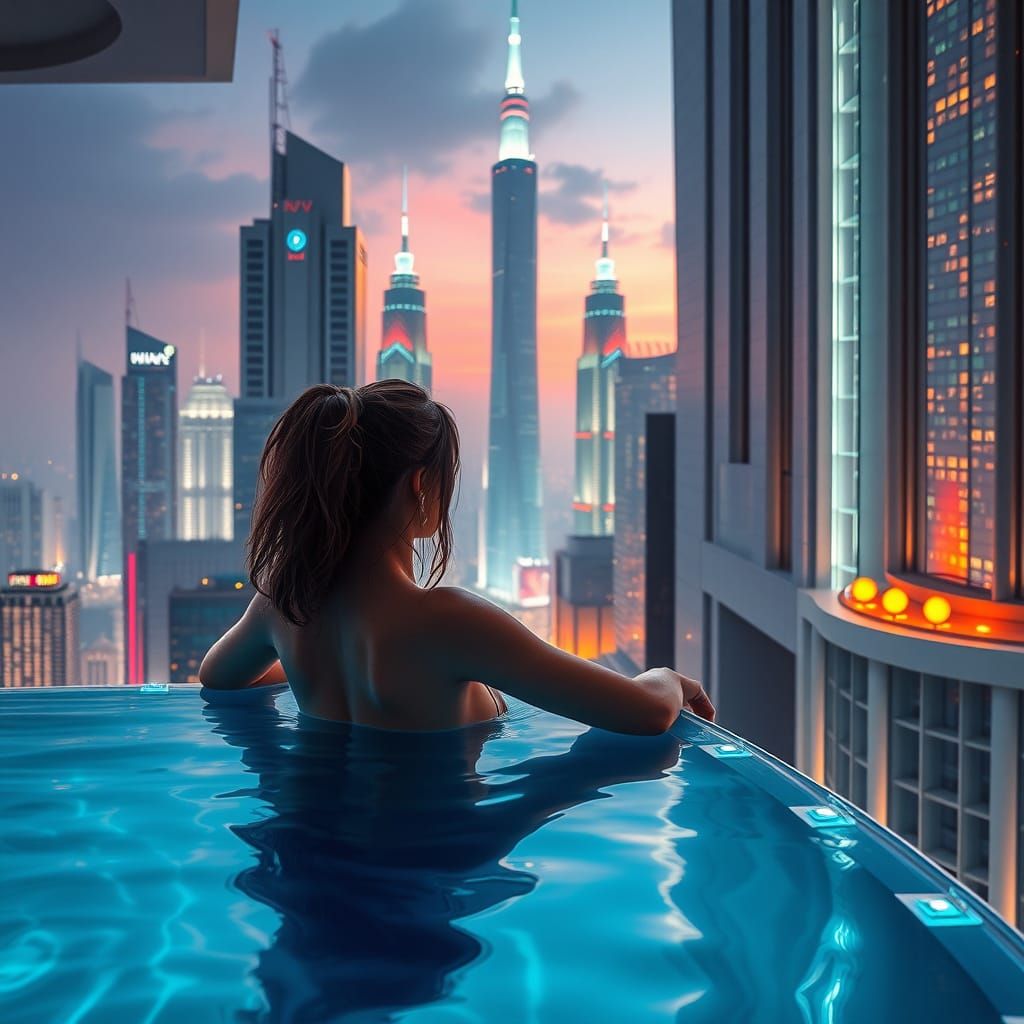 Futuristic Cyberpunk Cityscape View from Infinity Pool