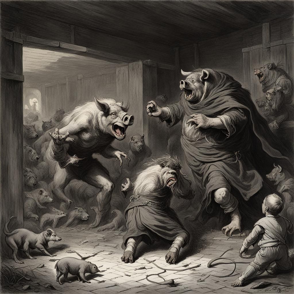 Pig Confronts Beast in Dark Basement: Horror Art