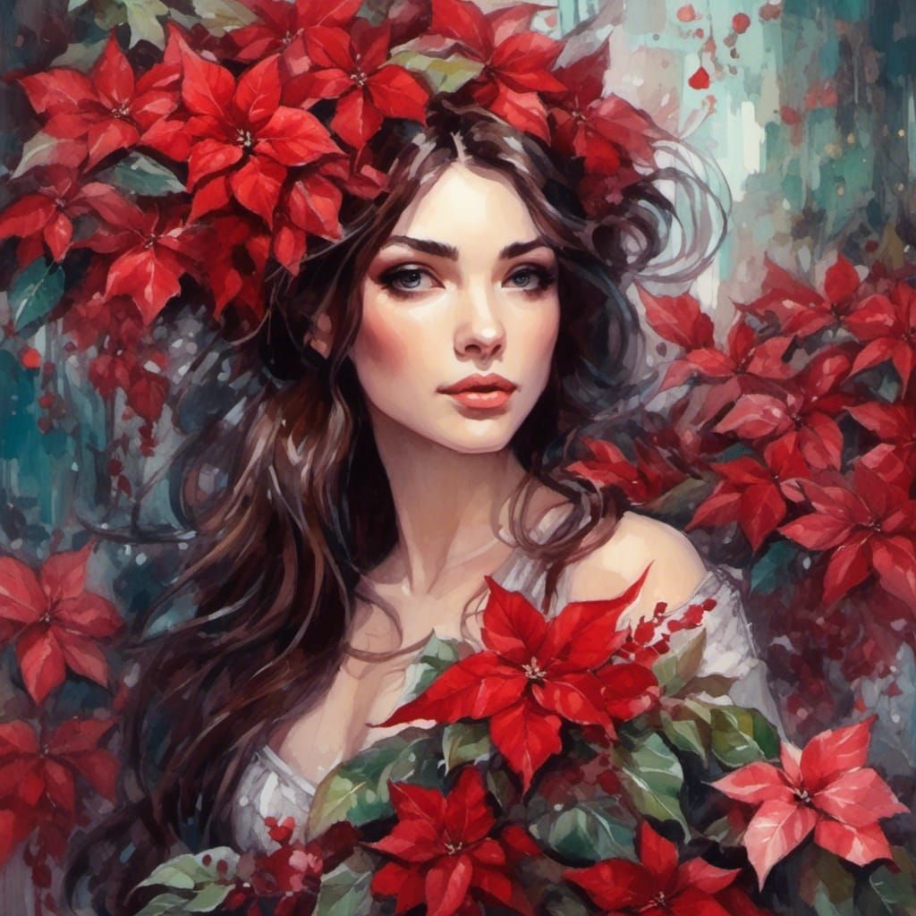 Brunette Woman in Poinsettia Christmas Portrait