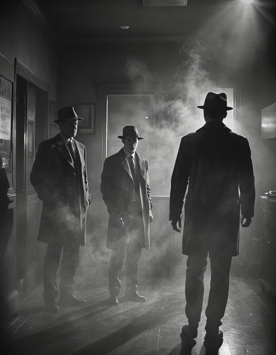 Film Noir Detective Observing Suspect in Shadows