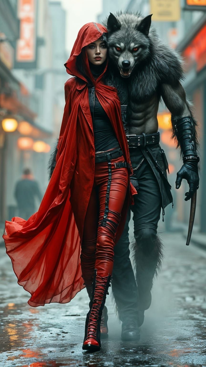 Little Red Riding Hood and Wolfman in Urban Street Style