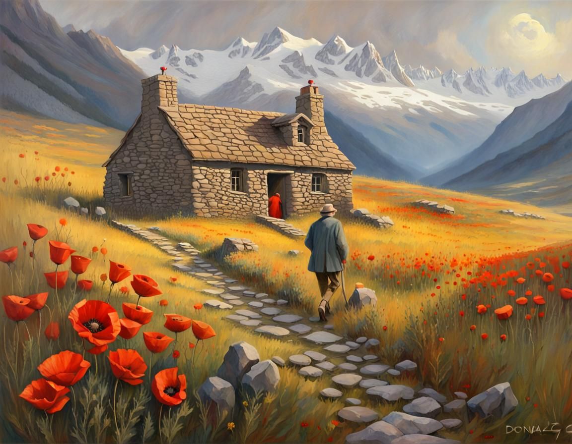 Highland Cottage Scene with Poppies