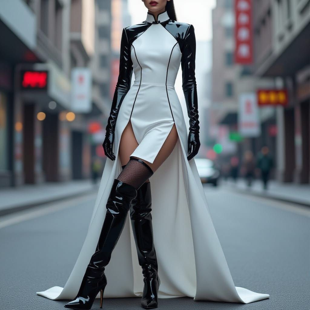 Futuristic Latex Bodysuit With Cheongsam Overlay