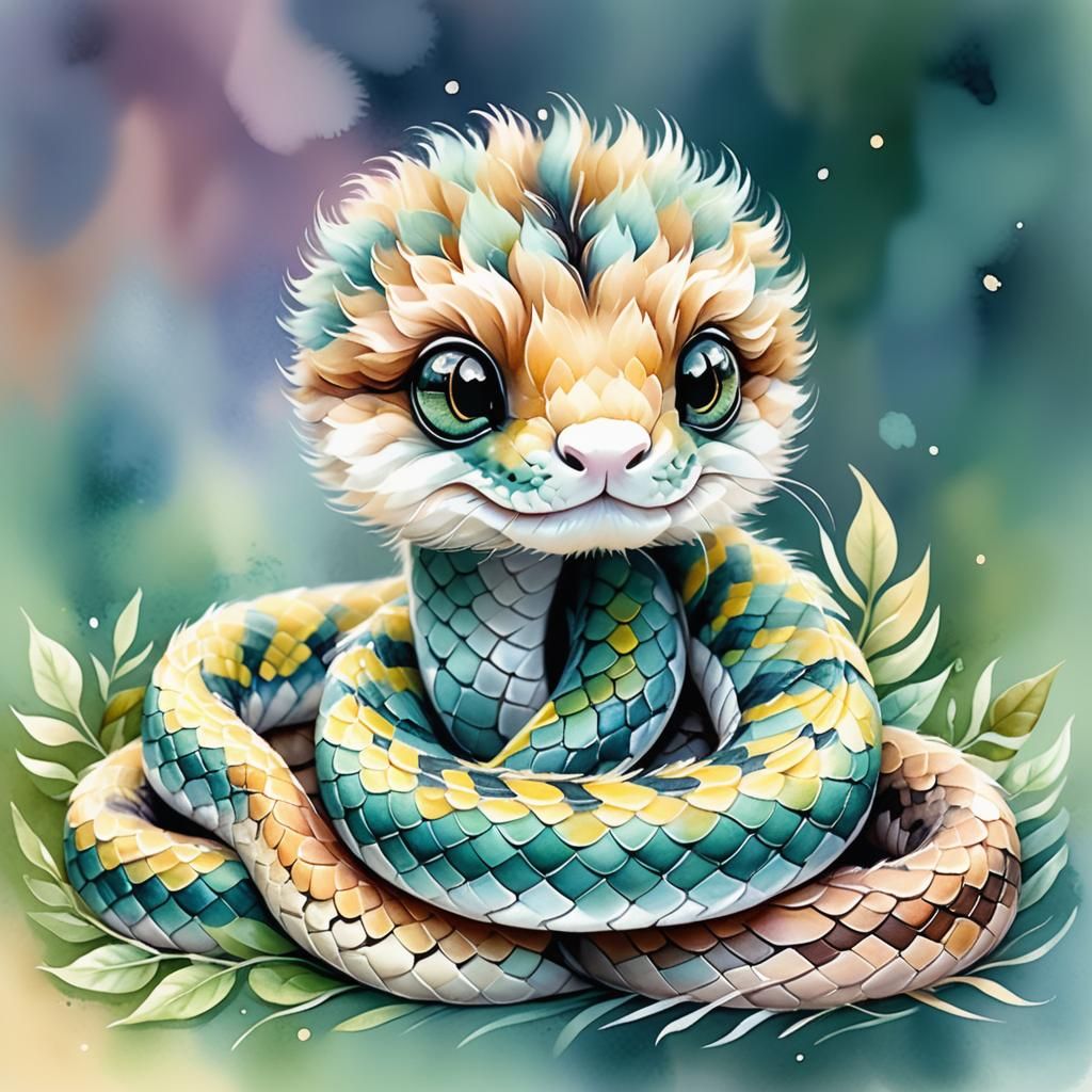 Pastel Watercolor: Adorable Furry Baby Snake Portrait