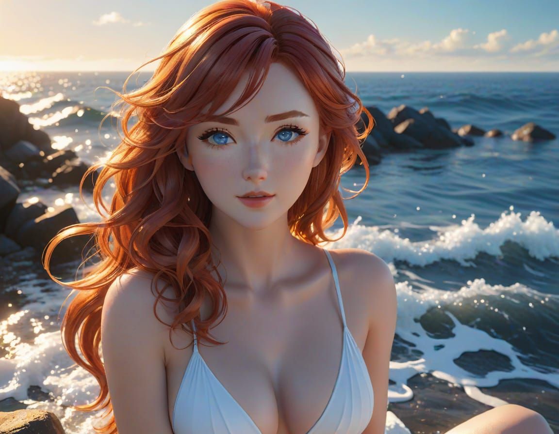 Redhead on Northern Shore in Vibrant Anime Style
