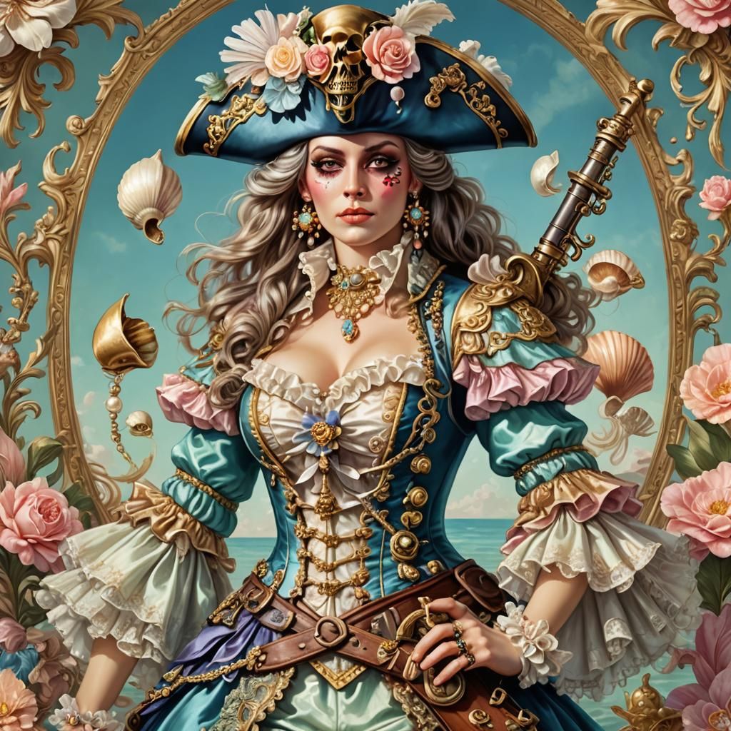 Rococo Pirate Portrait with Sea Shell Accents