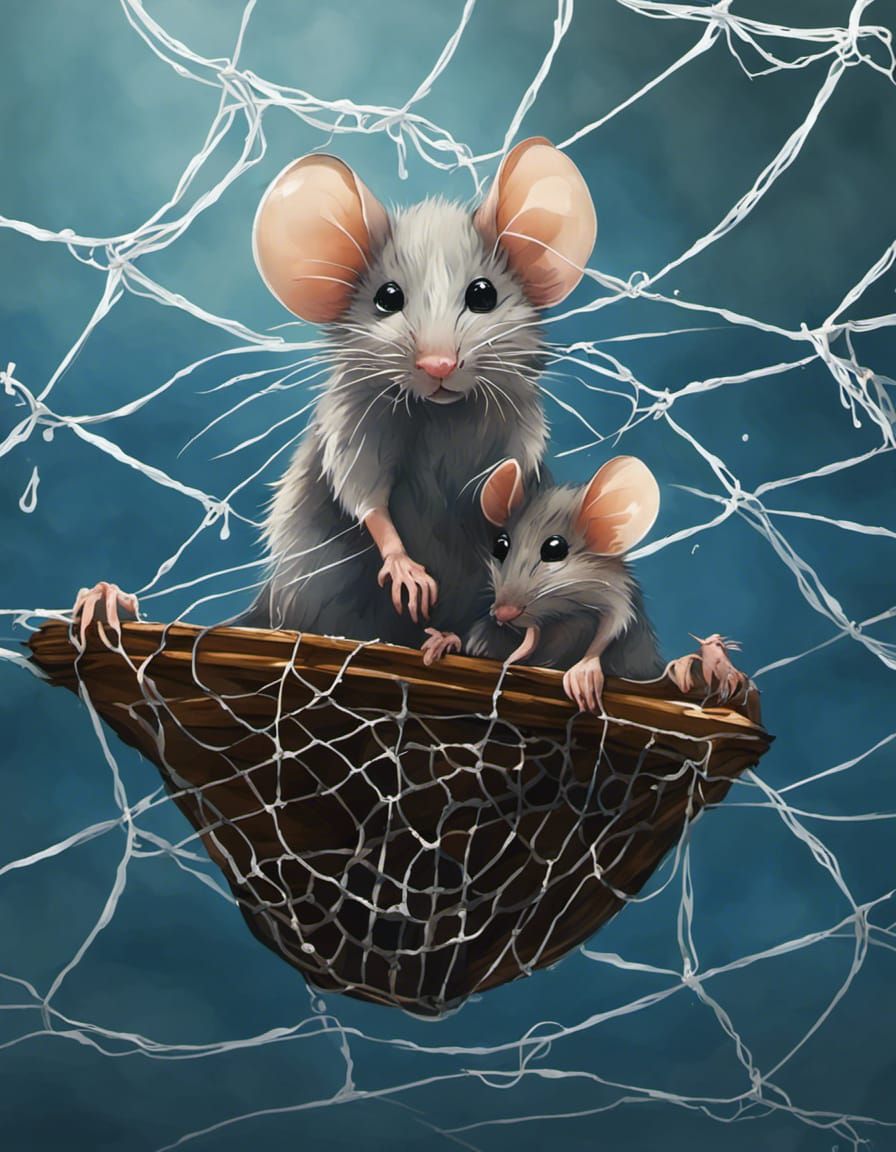 Wet mice caught in a fishing net.