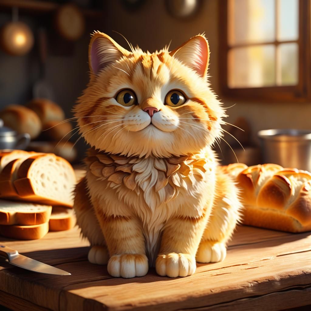 Adorable Bread Cat Illustration: Rustic Fantasy Art