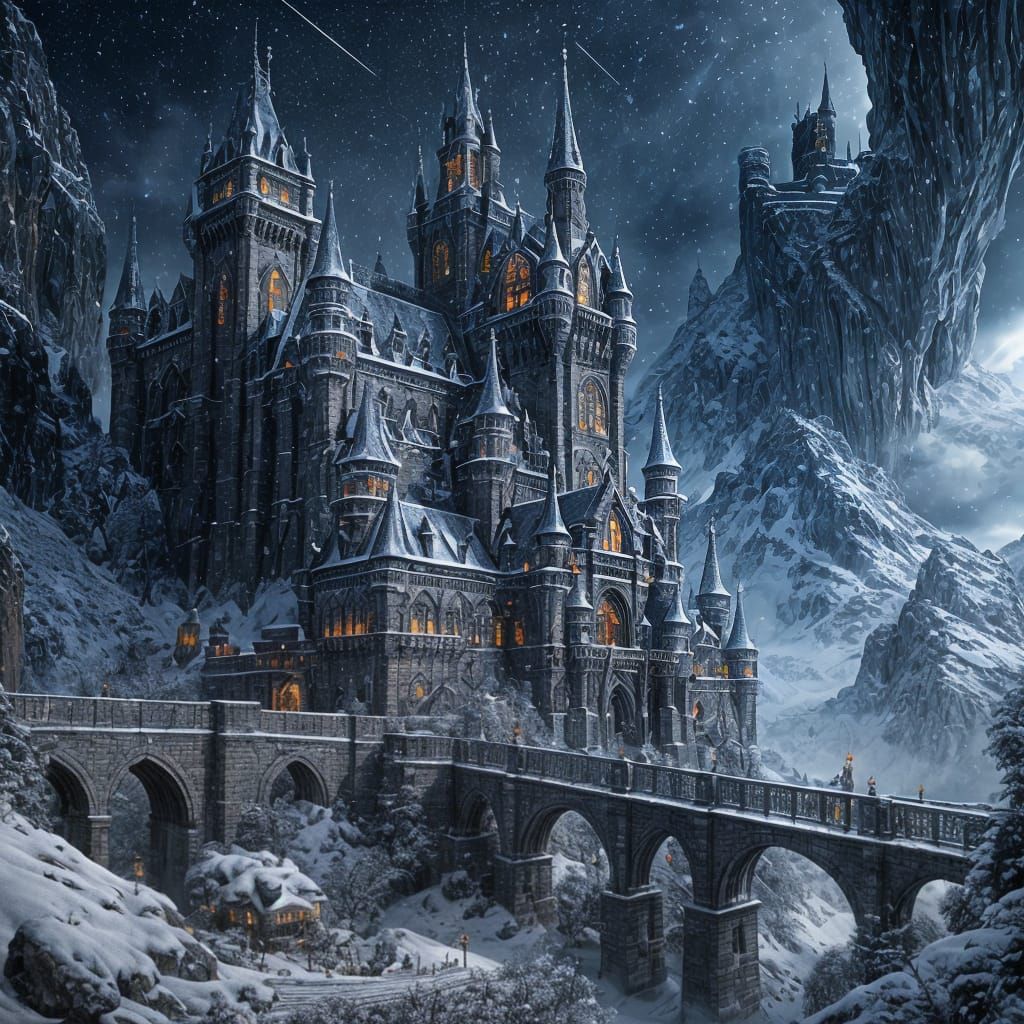 Epic Dark Fantasy Castle Under Cosmic Starry Sky