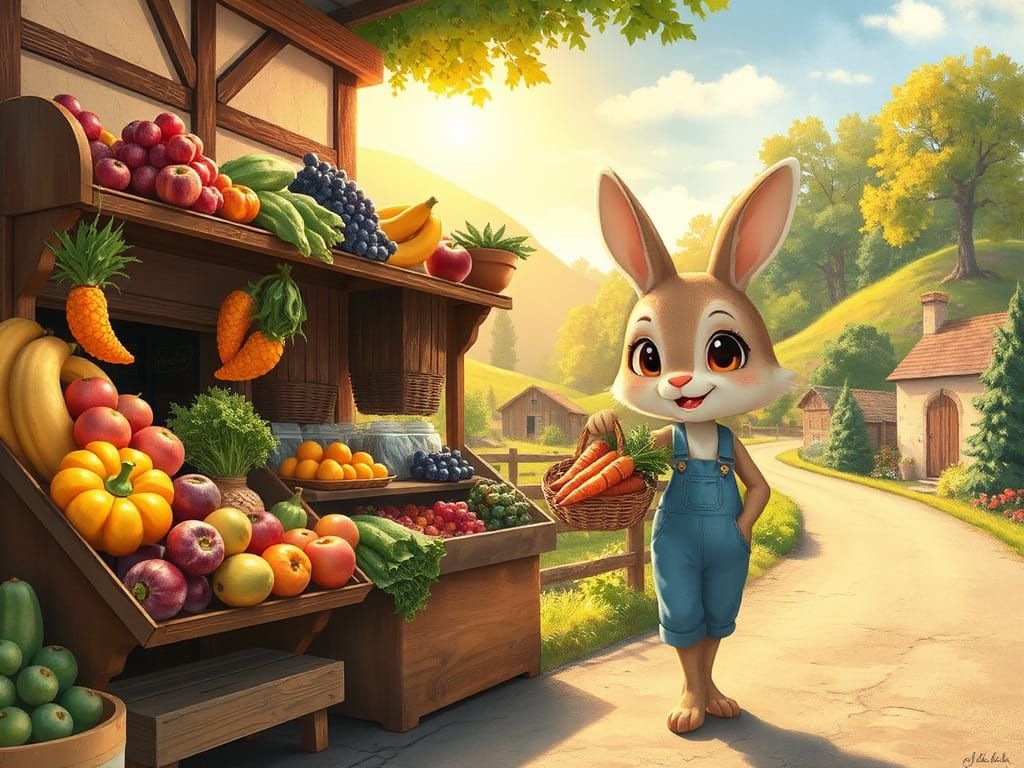 Rustic Farmstand With Rabbit in Ghibli Style