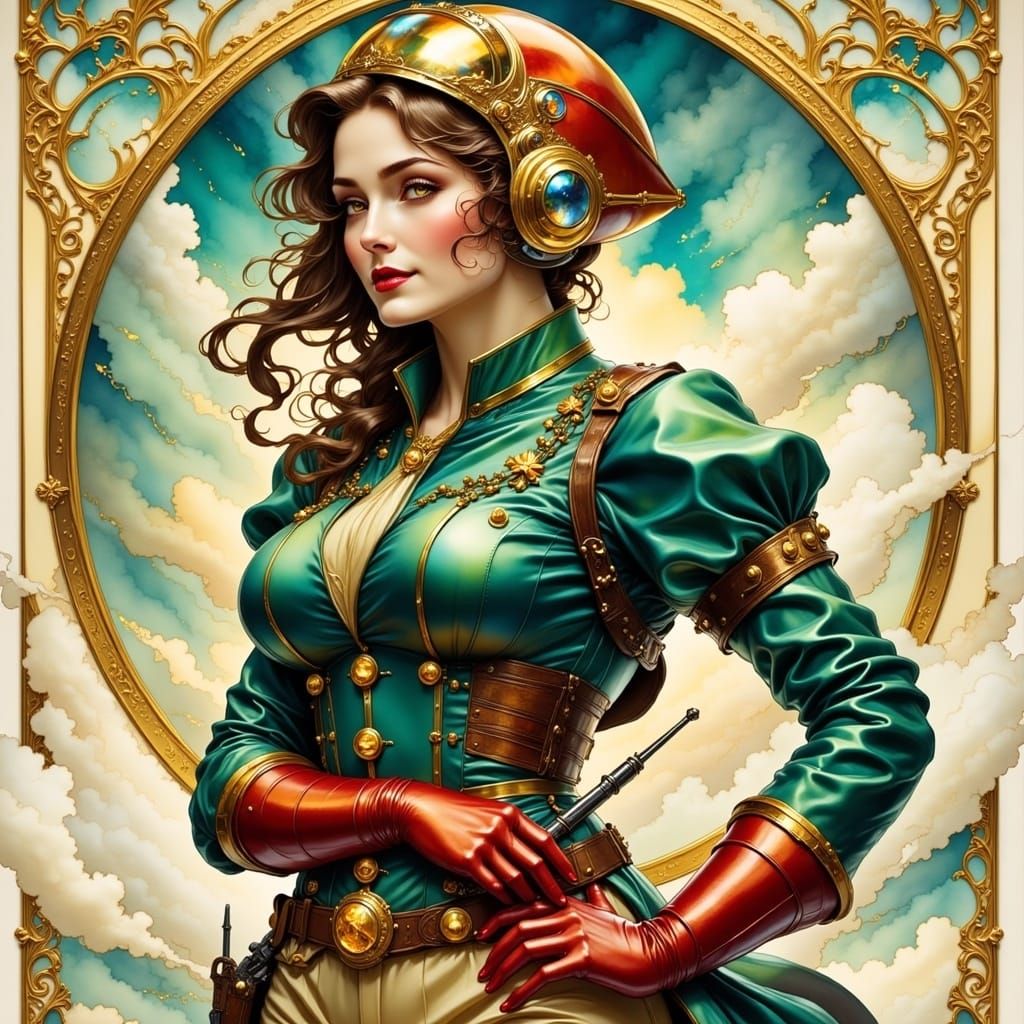 Sultry Pin-Up Lady in Vintage Futuristic Flight Attire