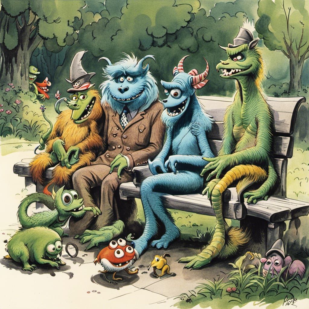 Monsters on a Bench in Animated Style