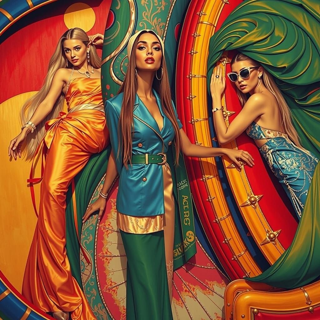 Elegant Women in Lavish Maximalist Psychedelic Scene