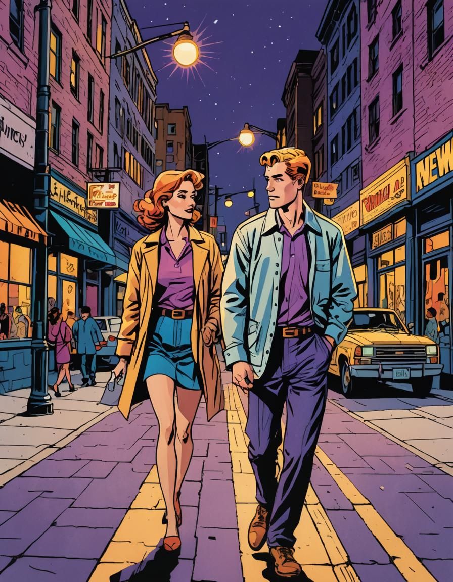 Couple Walking at Night in Retro Comic Style