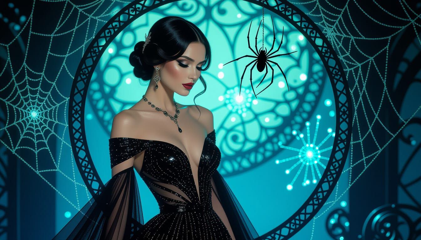 Elegant Woman in Sequined Gown Amidst Spiderwebs