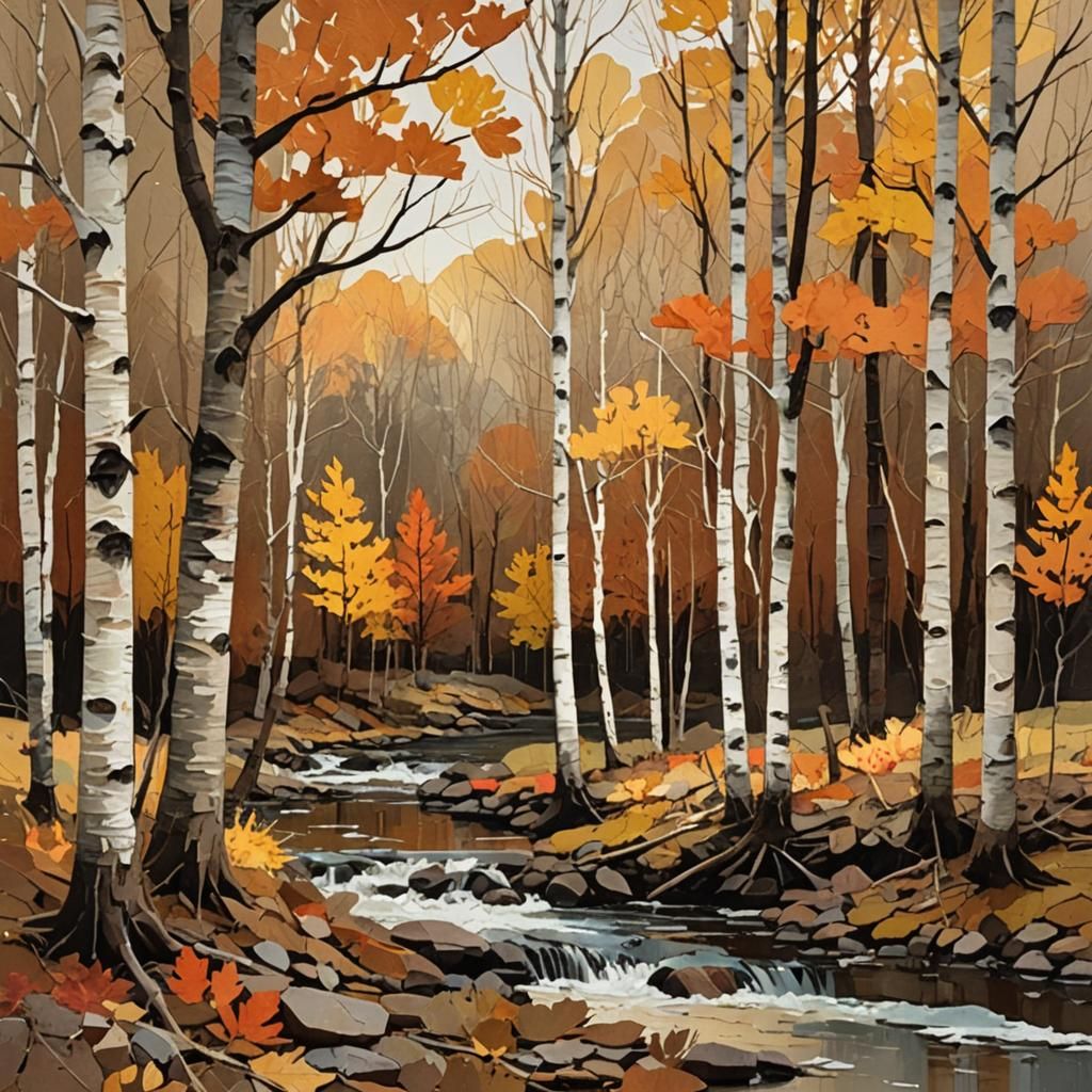 Autumn Trees by Creek in Mixed Media Collage