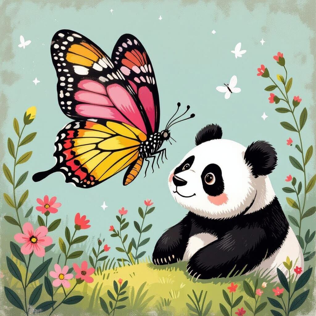 Colorful Butterfly and Panda in Whimsical Style