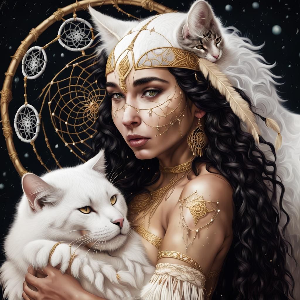 White Cat Cuddling Shaman Woman in Snowy Dreamscape