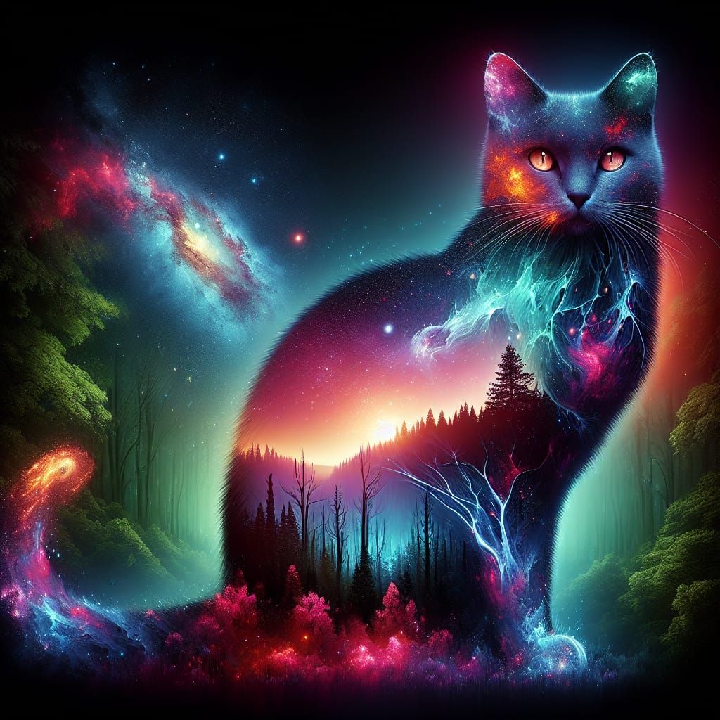 Elegant Cat Double Exposure: Forest and Nebulae