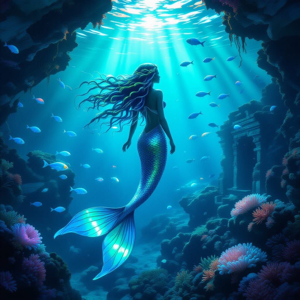 Mermaid in Bioluminescent Grotto with Glowing Fish