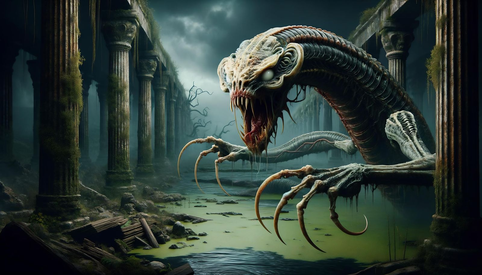 Nagatha: Monstrous Serpent in Decaying Swamp Ruins