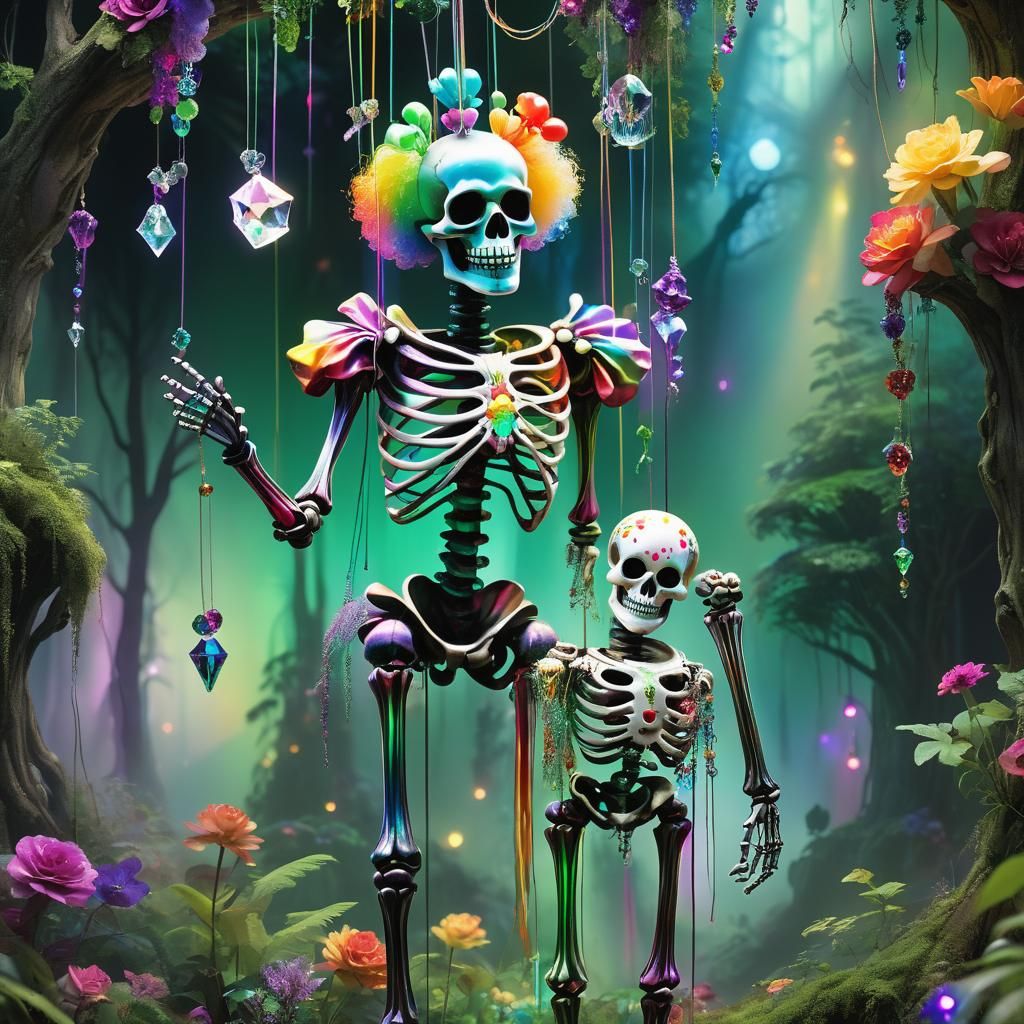 Crystal Skull Clown Marionette in Rainbow Forest