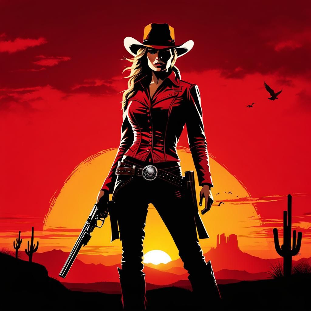 Cowgirl Gunslinger Silhouette in Red Dead Style