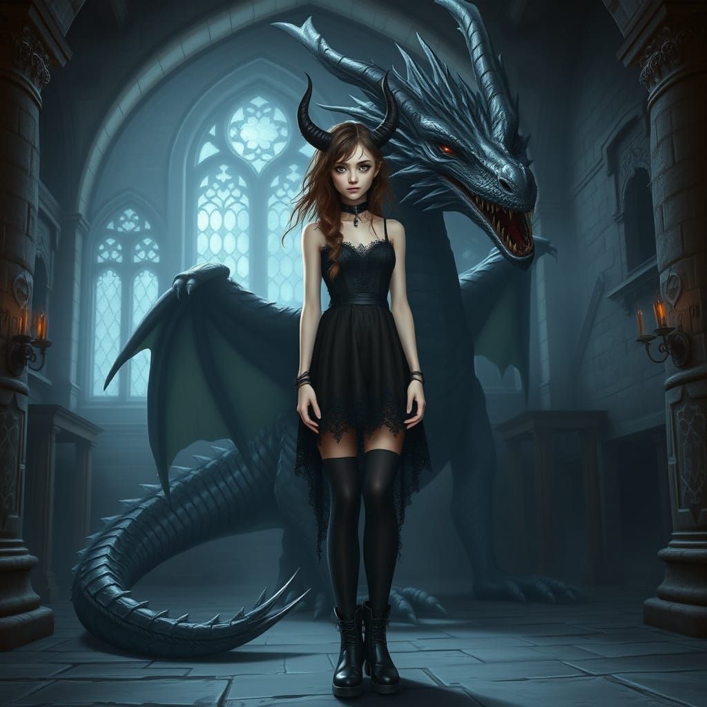 Gothic Demon Woman with Two-Headed Dragon