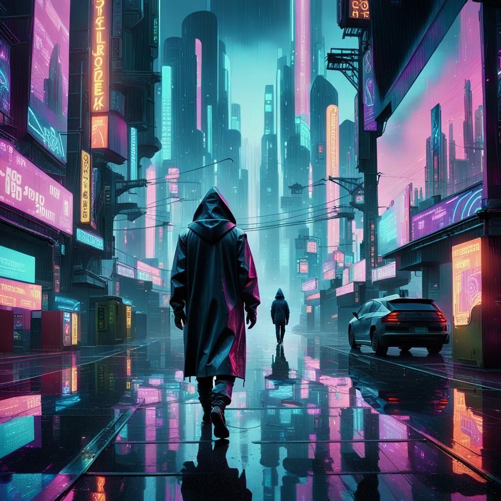 Cyberpunk Hooded Figure in Neon Cityscape