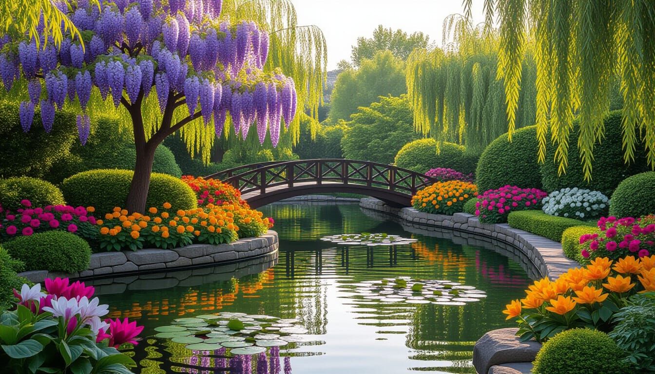 Serene Garden with Flame Tree and Lake in Monet Style