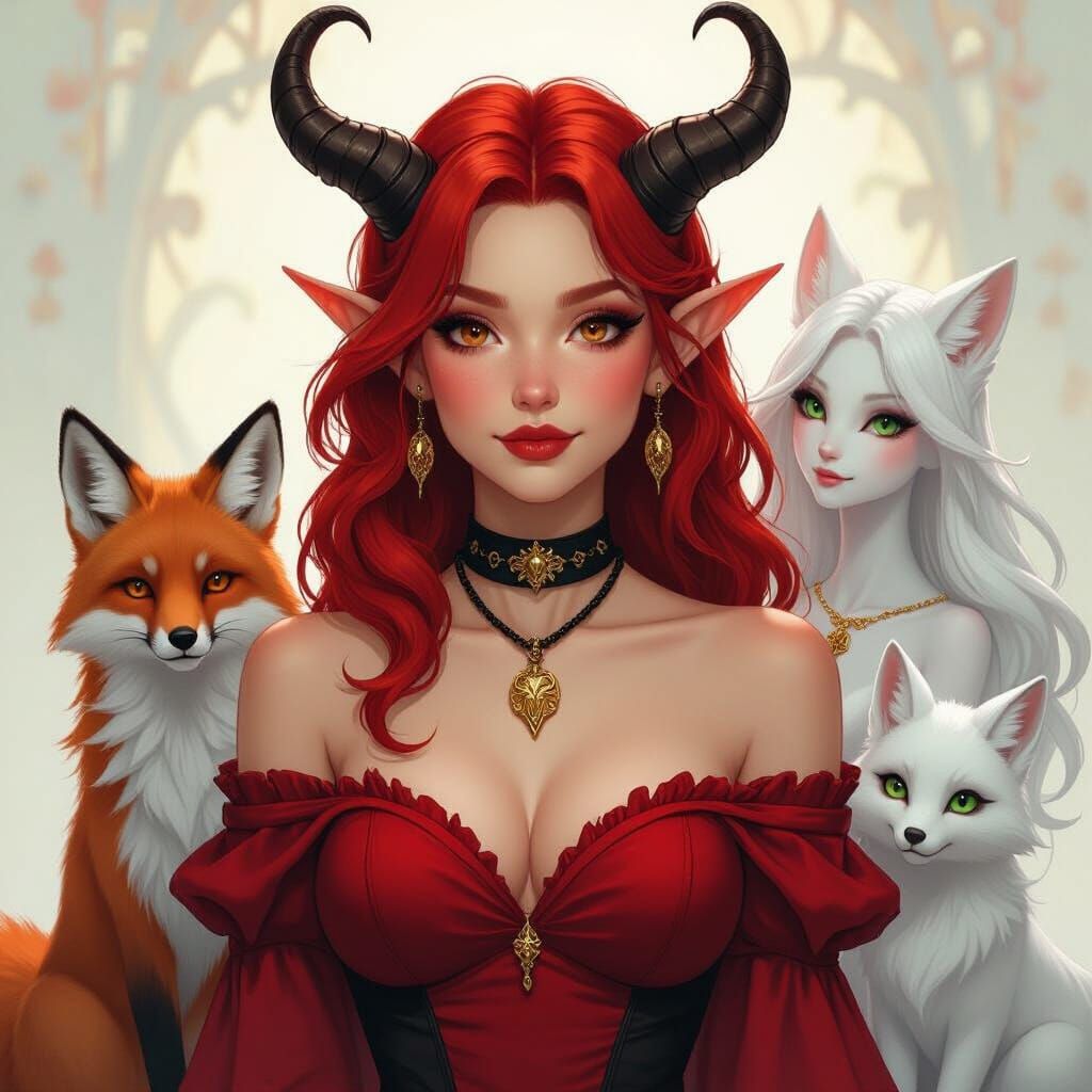Tiefling Woman with Fox Companions in Whimsical Style