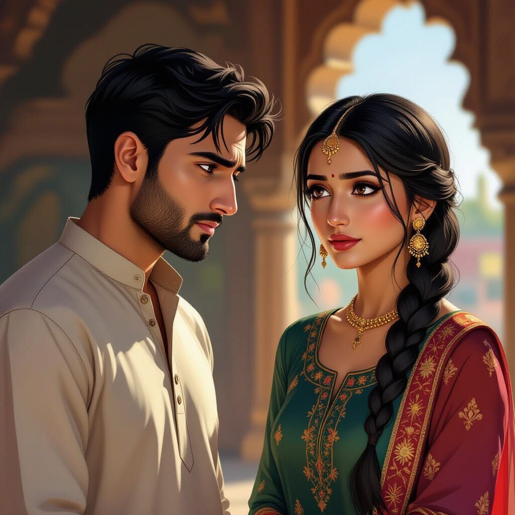 Ancient Style Digital Art: Shahid Evading Nazia's Stern Gaze