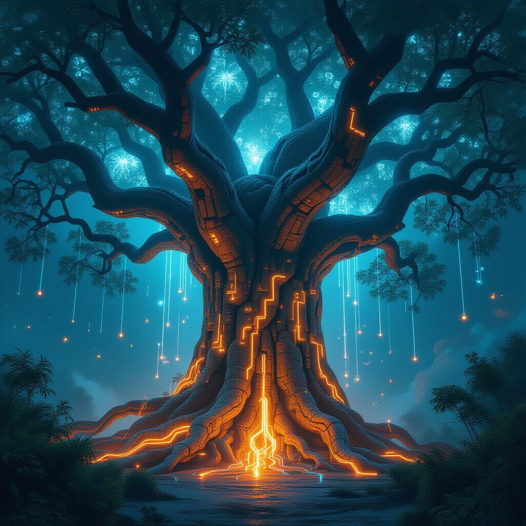 "A massive ancient tree whose roots are glowing fiber optic ...