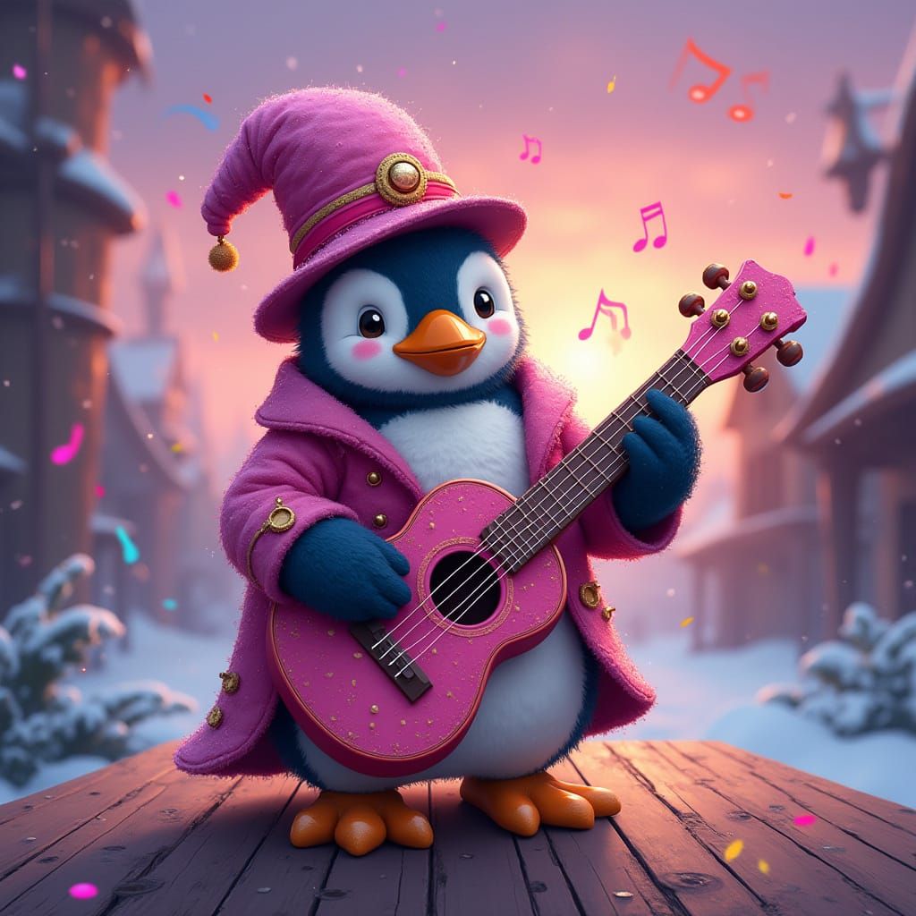 Penguin Bard Playing Ukulele in Impasto Style