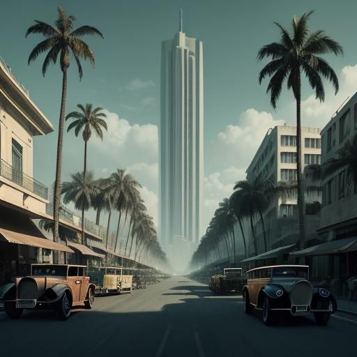 Cyberpunk Grunge City Street Scene with Vintage Cars