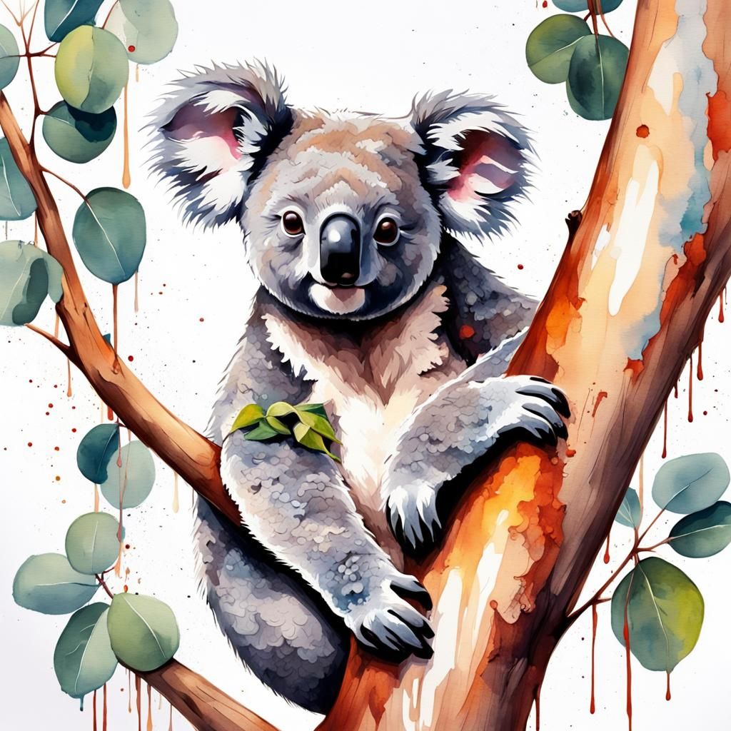 Koala in Watercolour Graffiti Art on Eucalyptus Tree