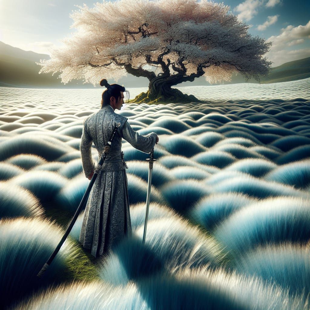 South Asian Samurai in Enchanted Field with White Sakura