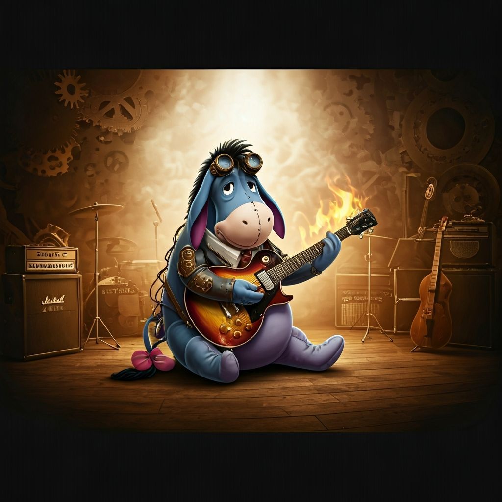 Steampunk Eeyore Rocks a Flaming Guitar